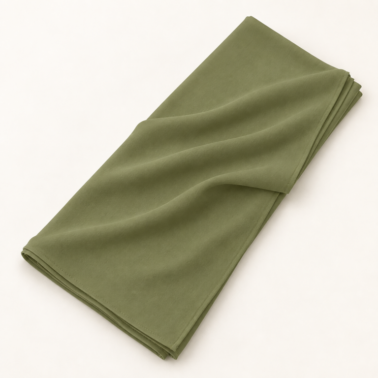 Voile soie de Médine vert olive, plié avec un drapé sur fond clair